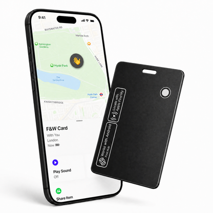 FAR & WIDE tracker card next to a phone showing its location on a map