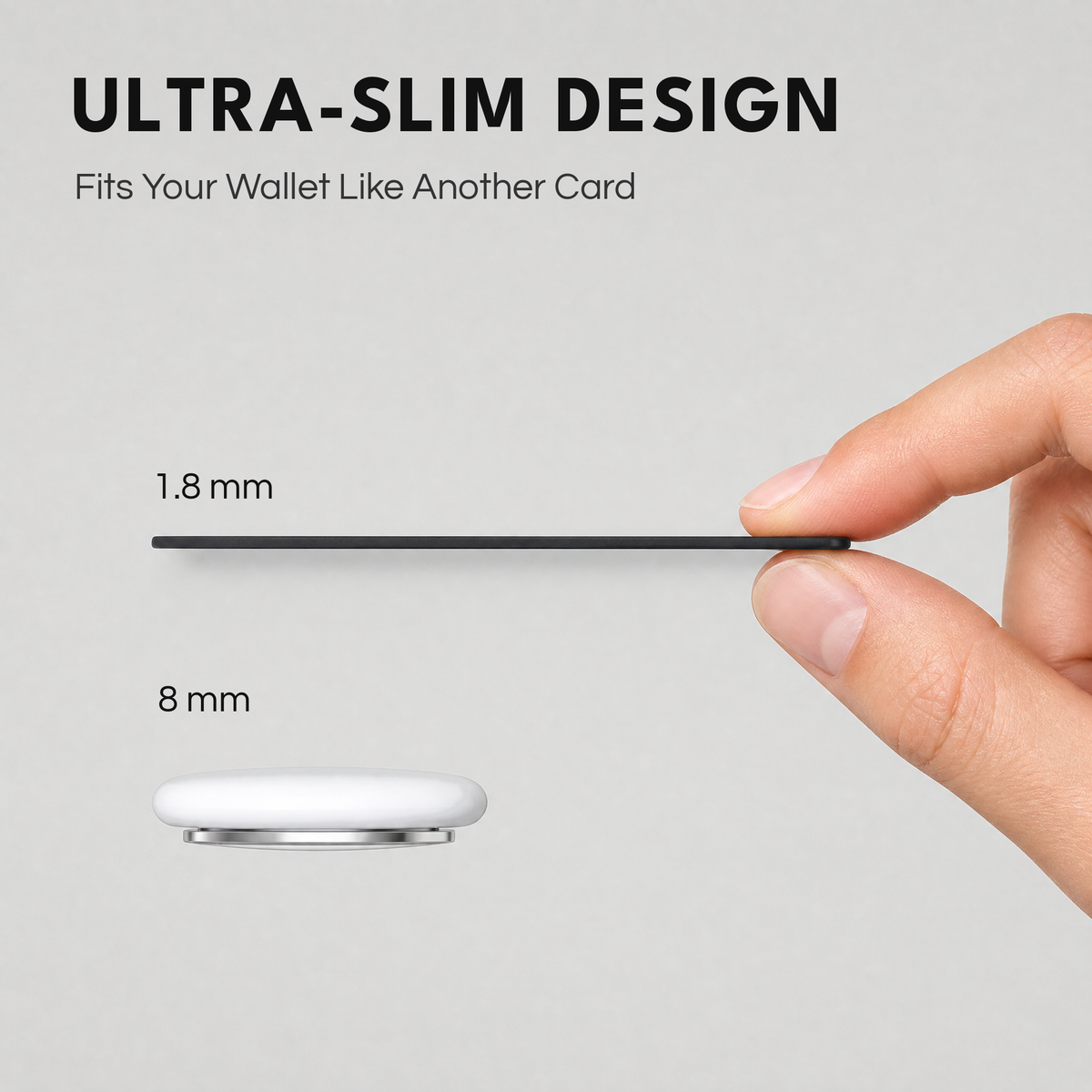 Ultra-slim 1.8mm tracker card held between fingers