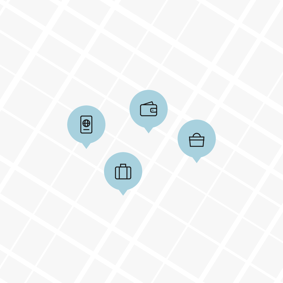 Illustration of map pins for a passport, wallet, handbag and suitcase