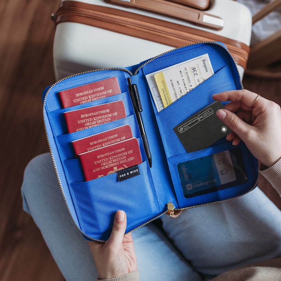 Slipping the tracker card into a FAR & WIDE passport holder