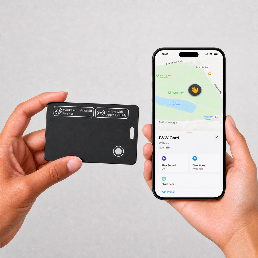 Tracker card next to a phone showing its location on a map