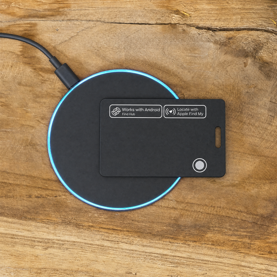 Tracker card charging on a wireless charging pad